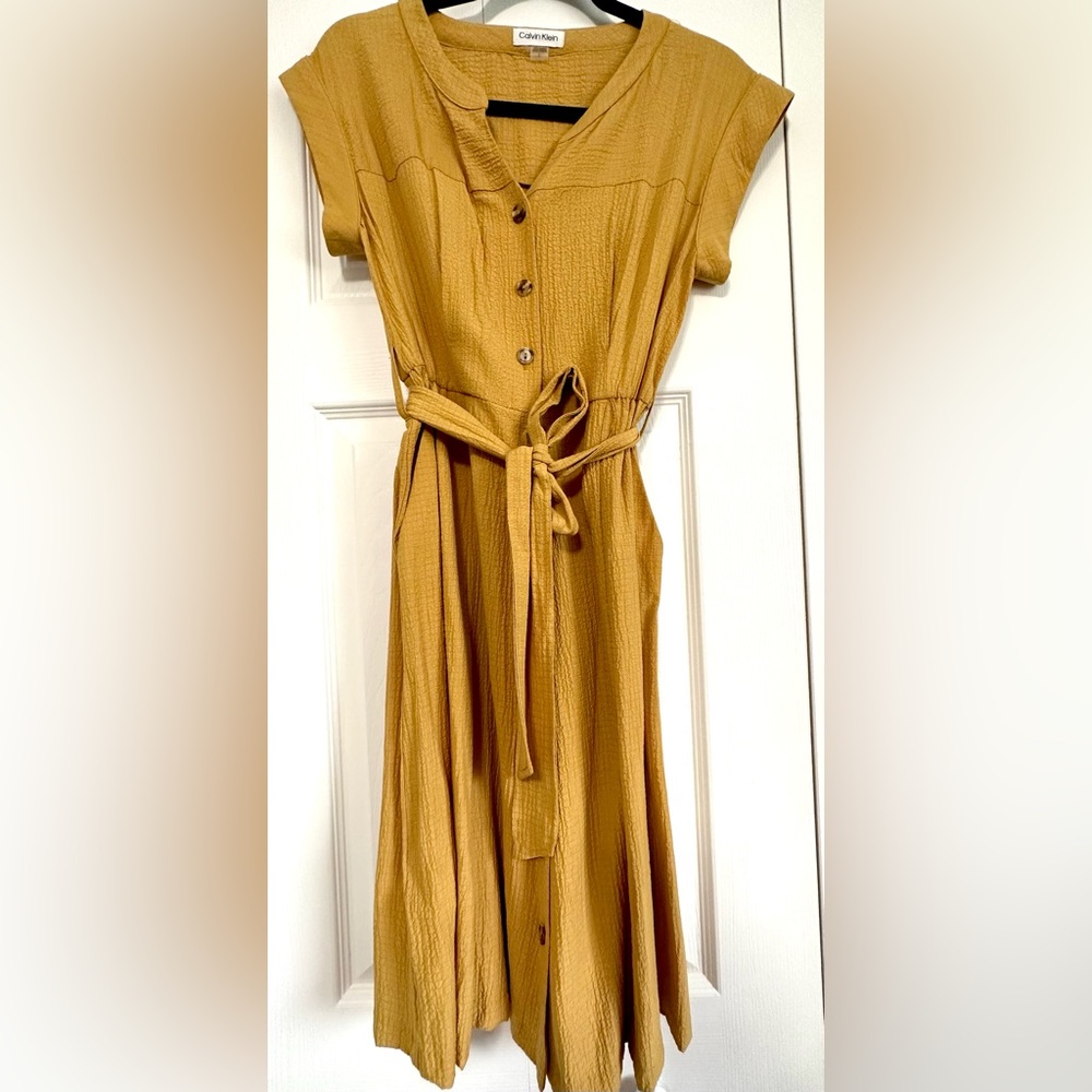 Calvin Klein midi dress, mustard color, casual dress, midi dress
